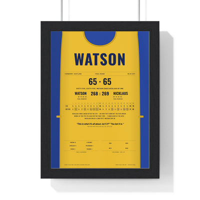 Tom Watson Turnberry 1977 Golf Poster - Caddie Bib Duel in the Sun Print framed in a black frame, ready to hang