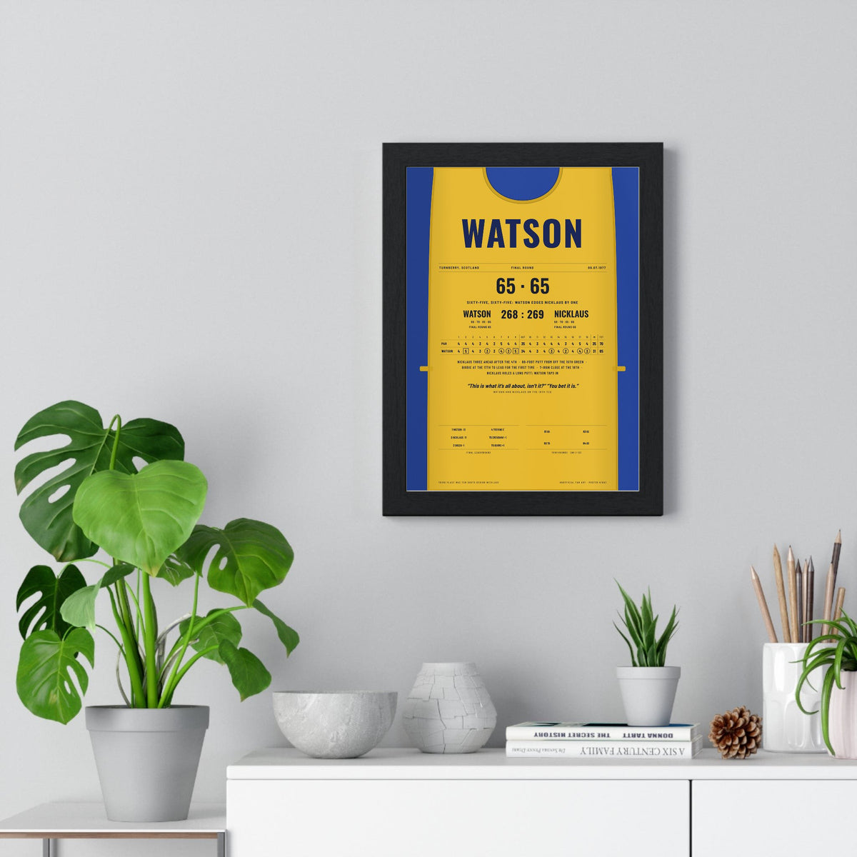 Tom Watson Turnberry 1977 Golf Poster - Caddie Bib Duel in the Sun Print framed on a living room wall