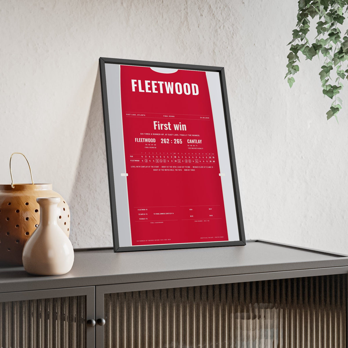 Tommy Fleetwood East Lake 2025 Golf Poster - Caddie Bib First Win Print framed and leaning on a sideboard