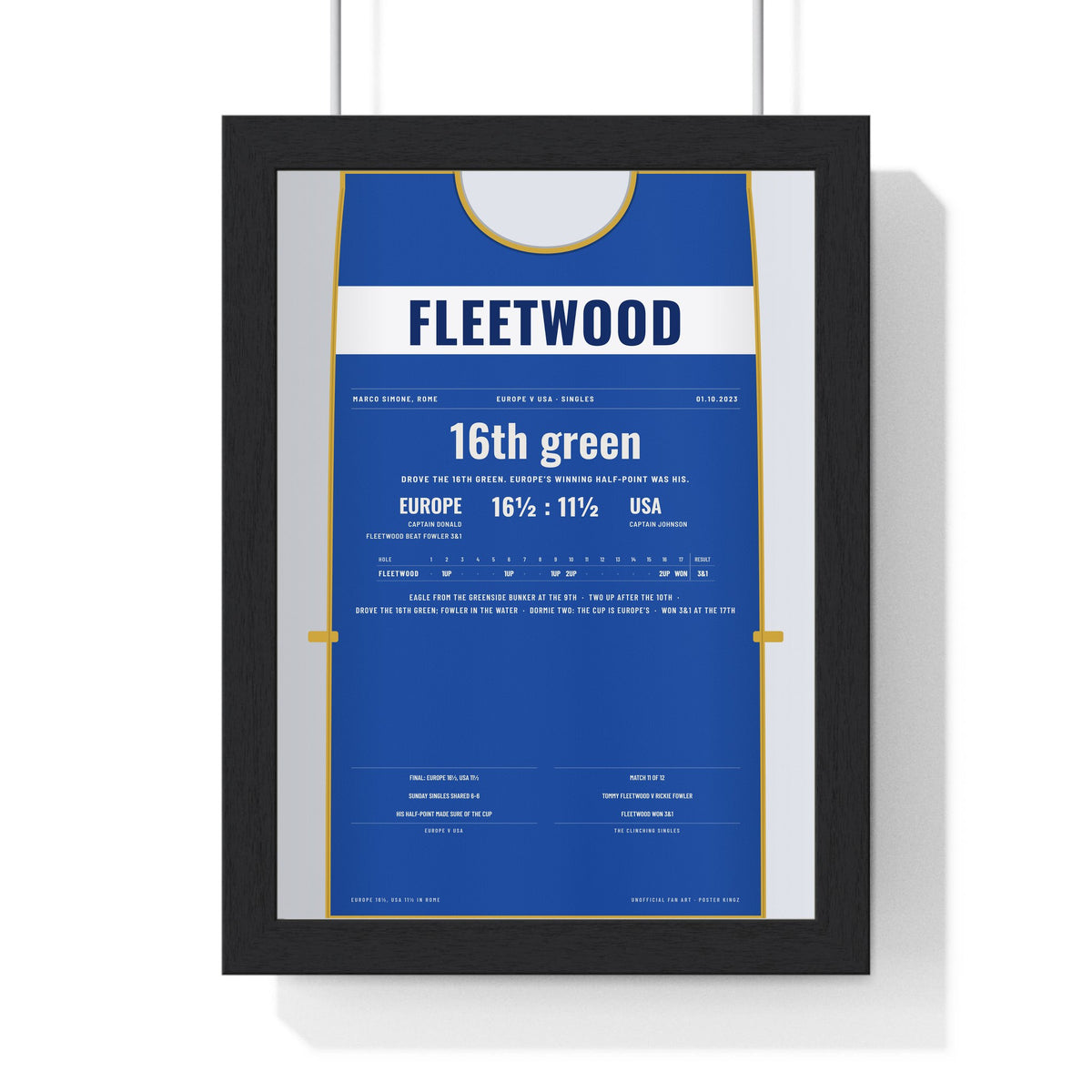 Tommy Fleetwood Rome 2023 Golf Poster - Caddie Bib Europe v USA Winning Point Print framed in a black frame, ready to hang