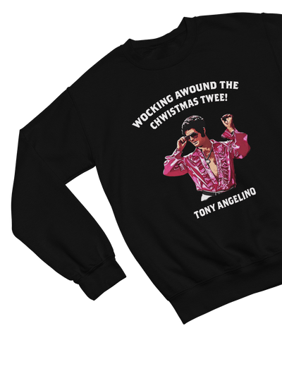 Black t-shirt with Tony Angelino Christmas Jumper Only Fools and Horses Parody