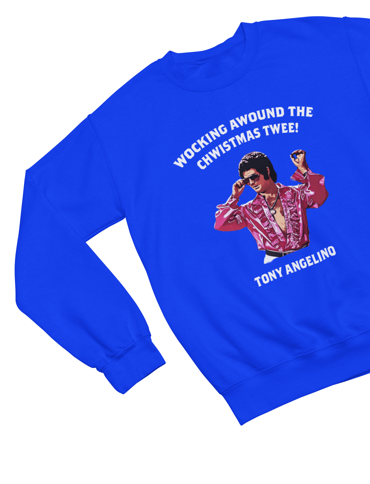Green t-shirt with Tony Angelino Christmas Jumper Only Fools and Horses Parody close-up