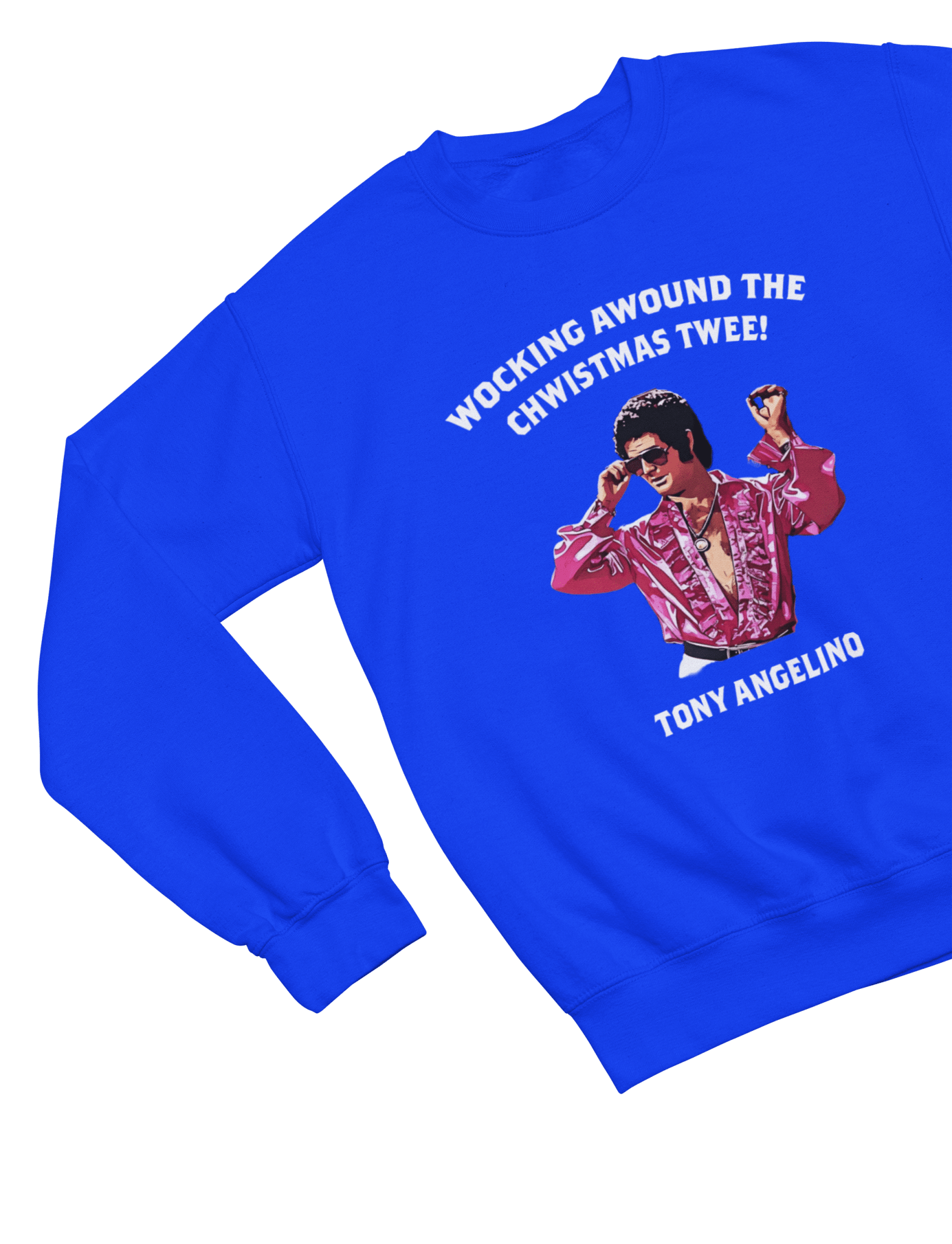 Green t-shirt with Tony Angelino Christmas Jumper Only Fools and Horses Parody close-up