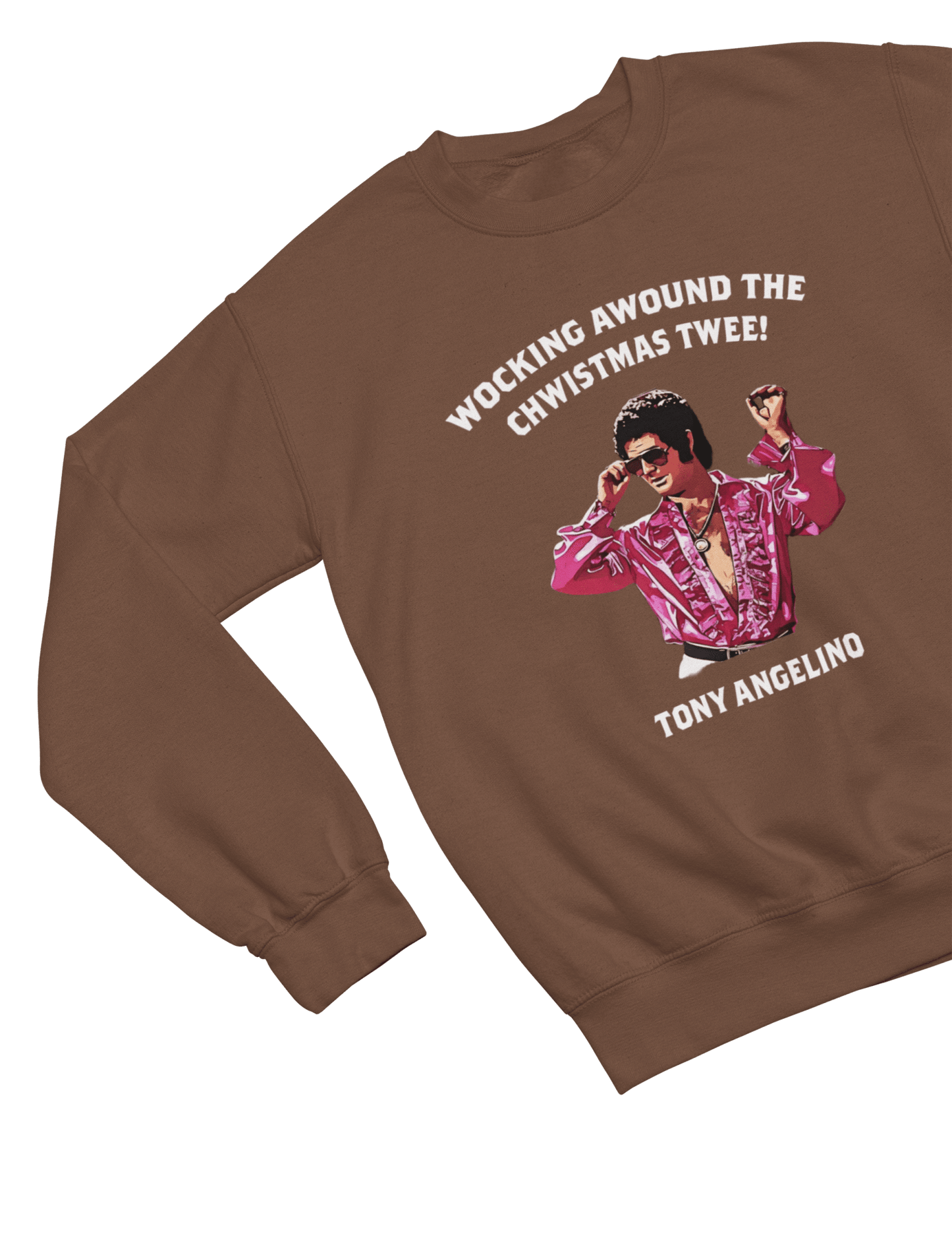 Blue t-shirt with Tony Angelino Christmas Jumper Only Fools and Horses Parody close-up