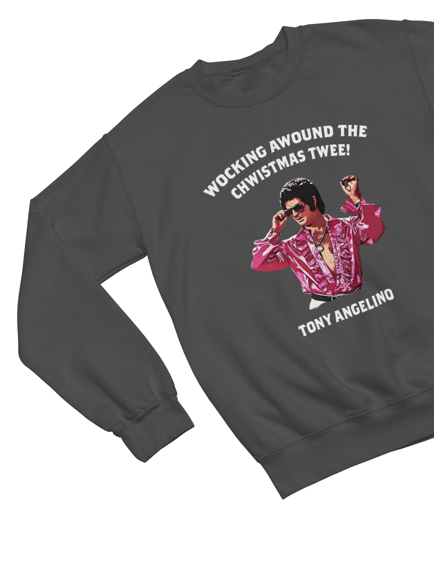 Black t-shirt with Tony Angelino Christmas Jumper Only Fools and Horses Parody wall display