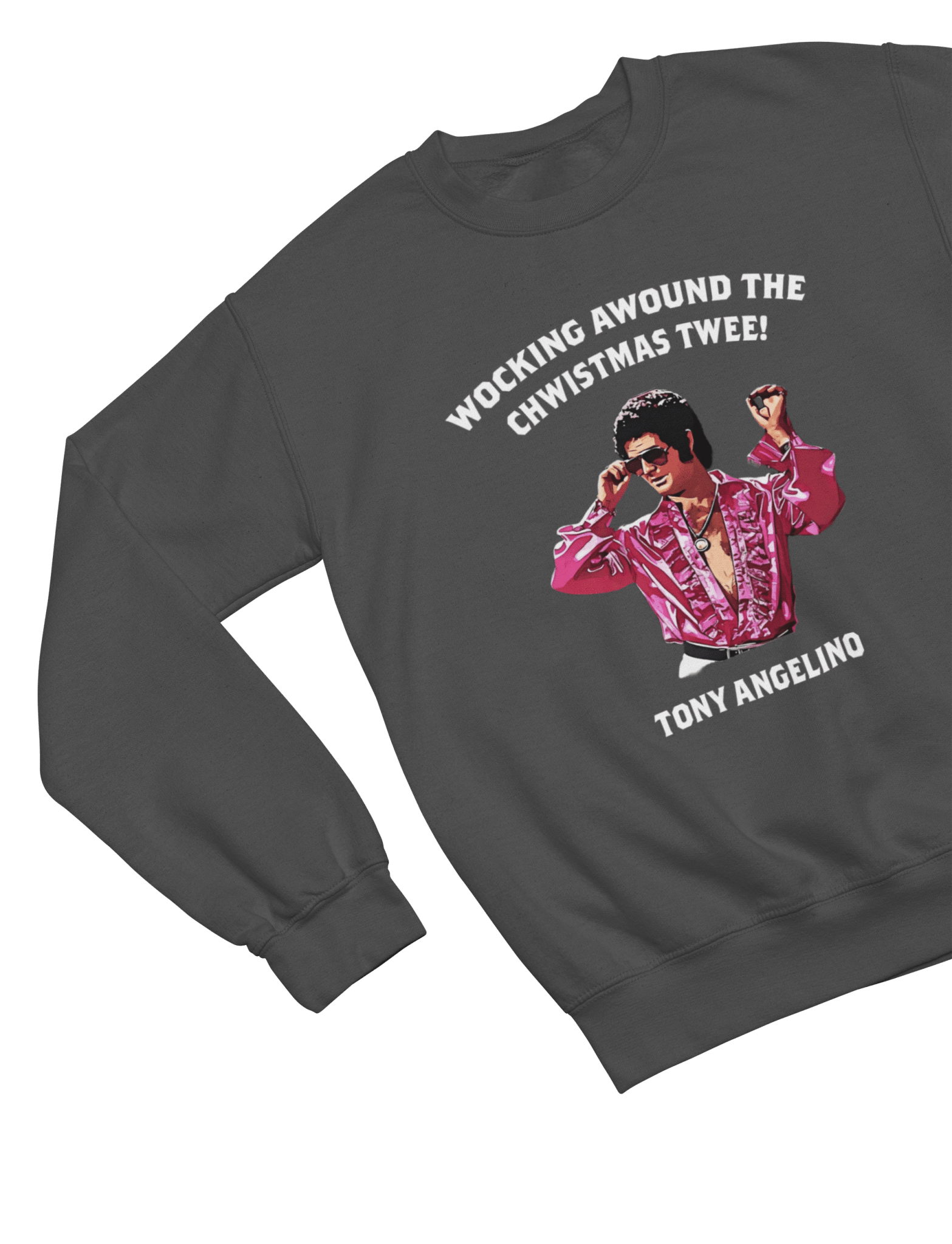Black t-shirt with Tony Angelino Christmas Jumper Only Fools and Horses Parody wall display