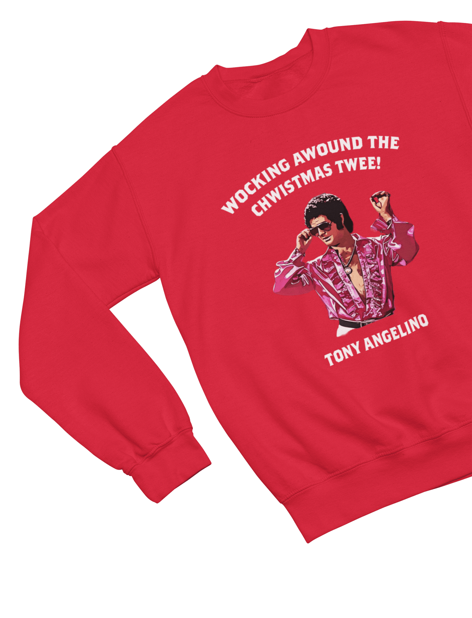 Red t-shirt with Tony Angelino Christmas Jumper Only Fools and Horses Parody wall display
