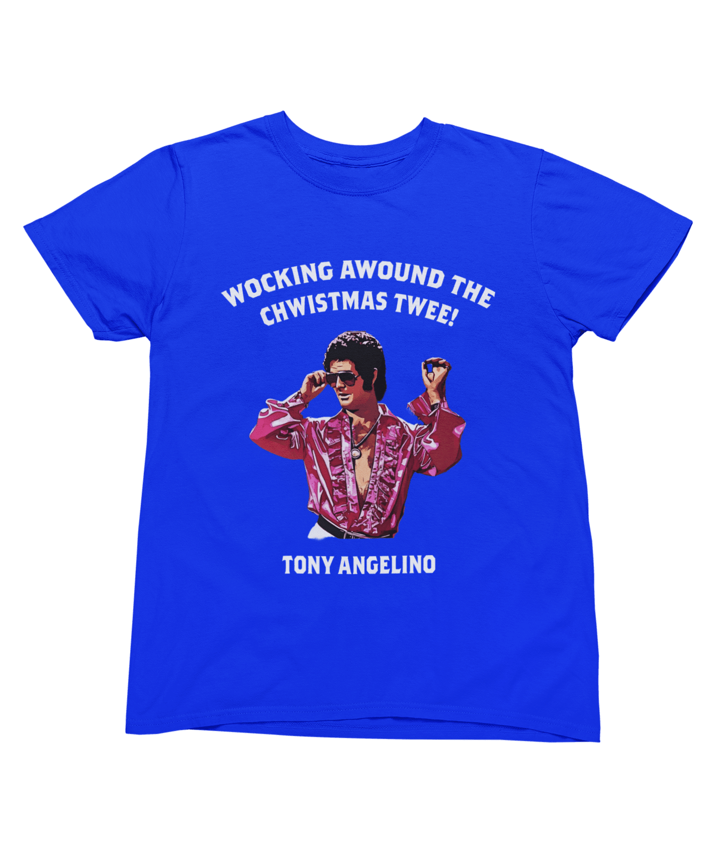 Black t-shirt with Tony Angelino Christmas Jumper Only Fools and Horses Parody flat lay