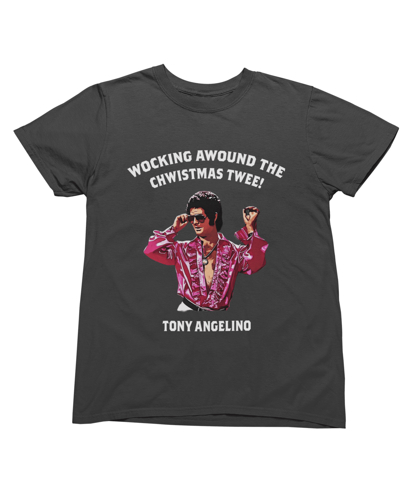 Black t-shirt with Tony Angelino Christmas Jumper Only Fools and Horses Parody front view