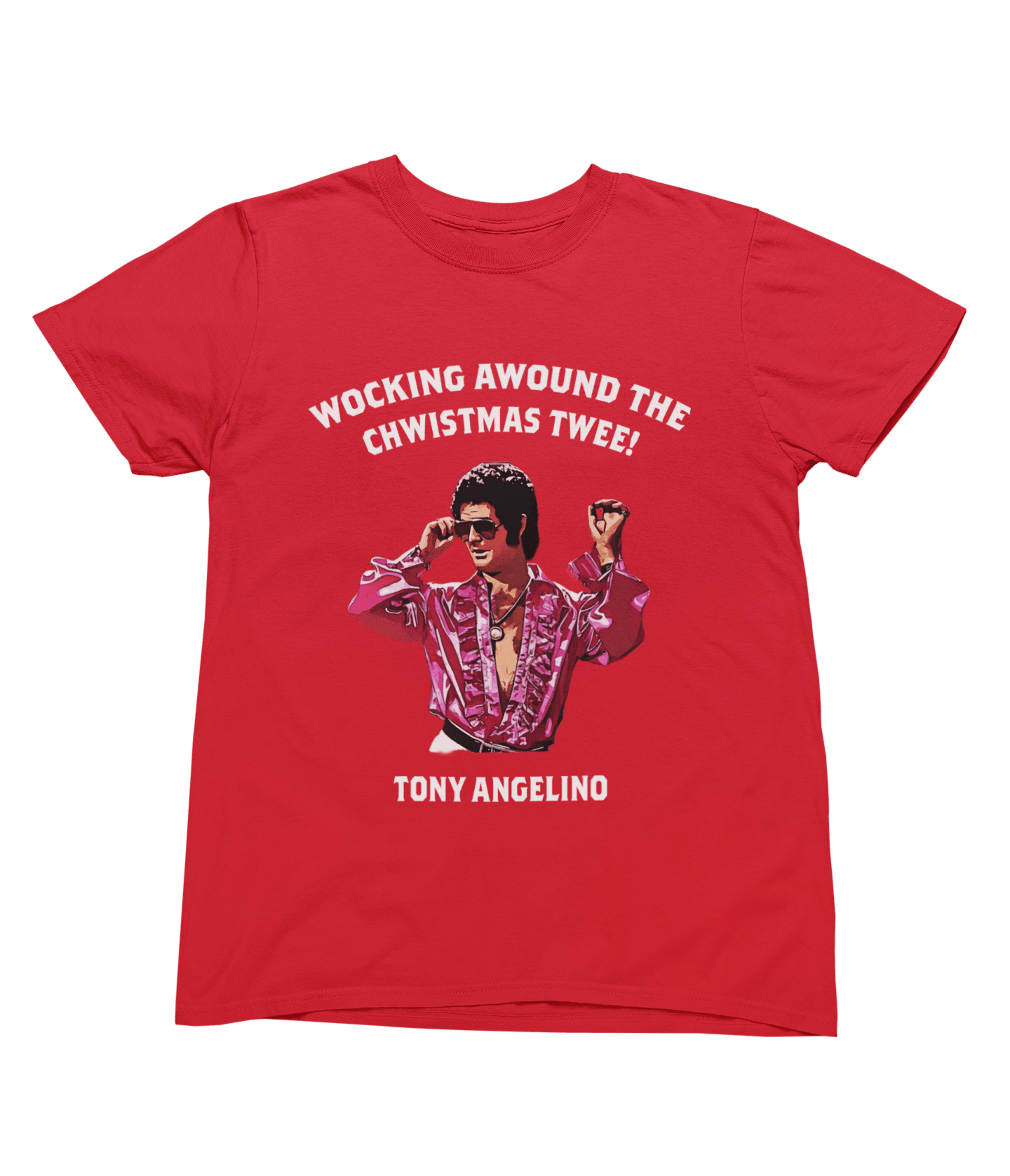 Grey t-shirt with Tony Angelino Christmas Jumper Only Fools and Horses Parody close-up