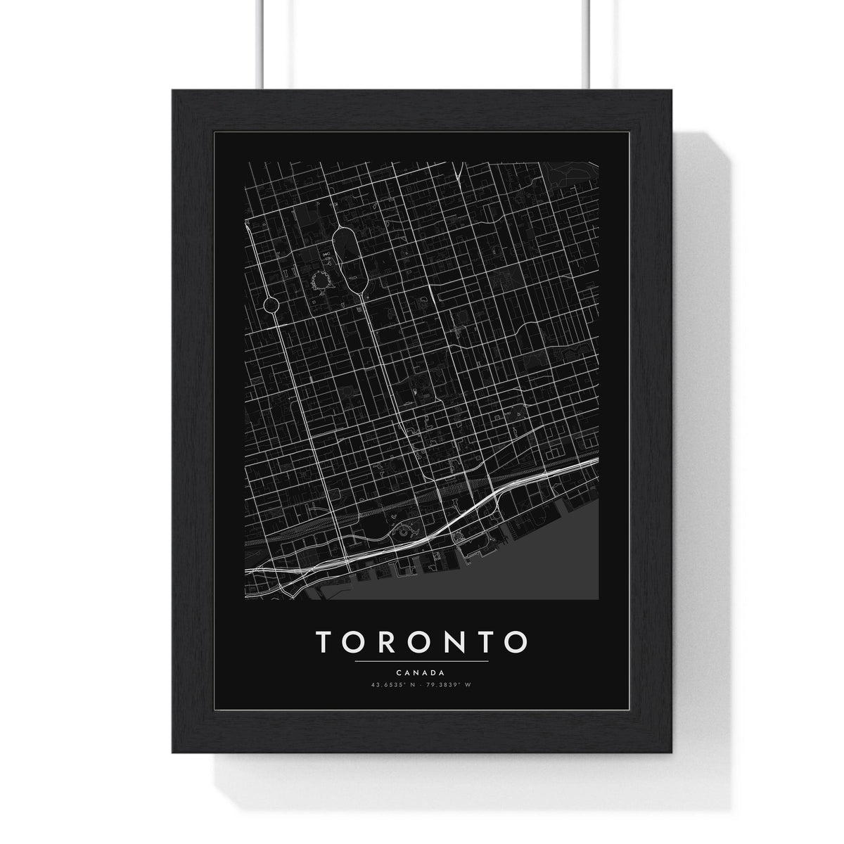 Toronto street map poster in black, minimal city map print framed in a black frame