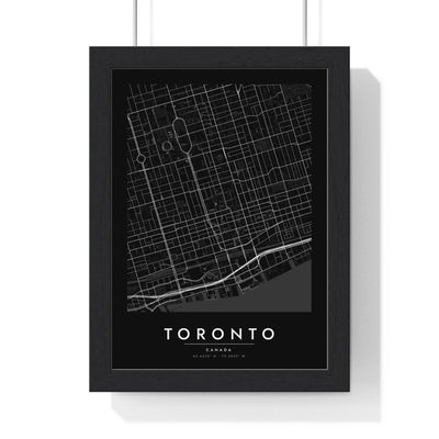 Toronto street map poster in black, minimal city map print framed in a black frame
