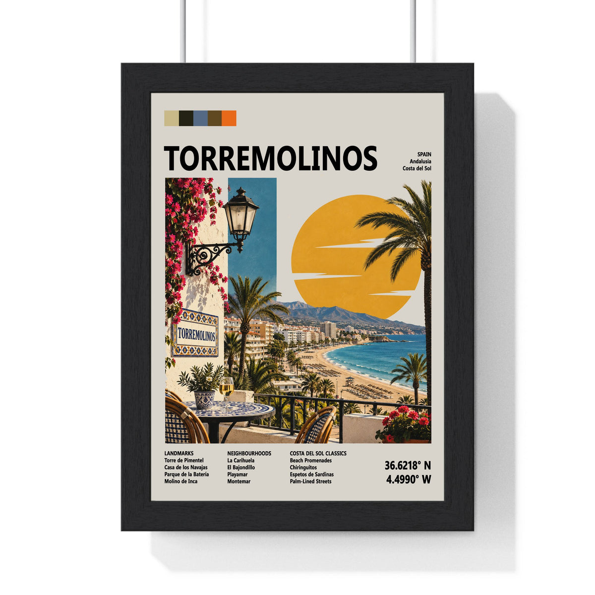 Torremolinos Mid Century Travel print framed in a black frame, ready to hang