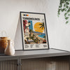 Torremolinos Mid Century Travel print framed and leaning on a sideboard