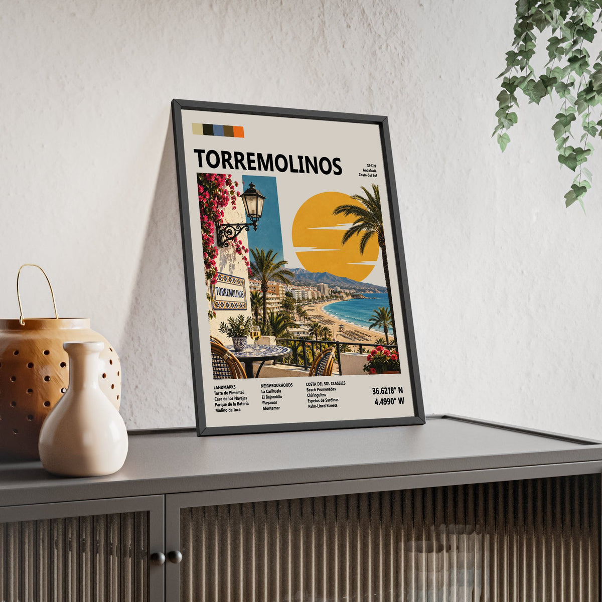 Torremolinos Mid Century Travel print framed and leaning on a sideboard