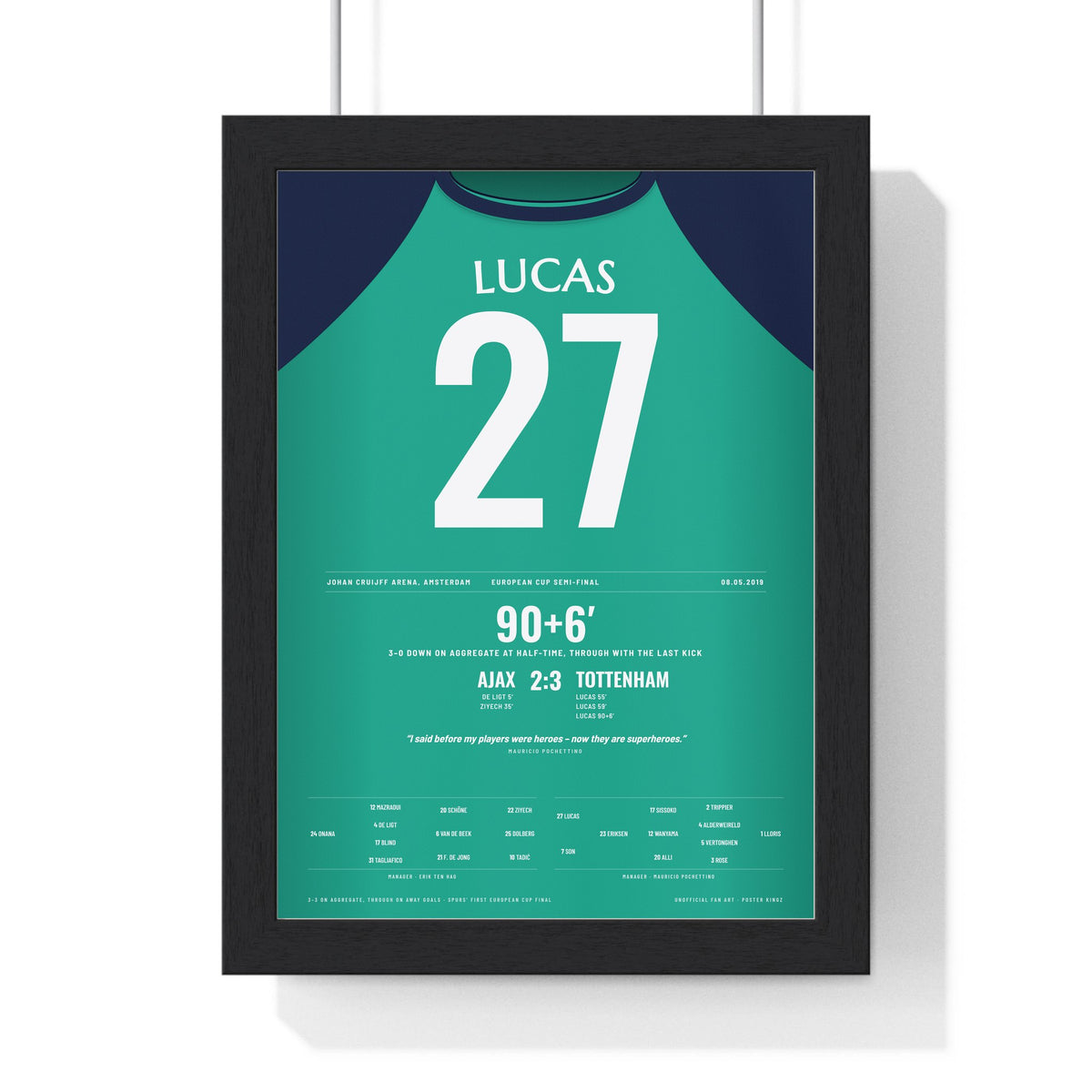 Tottenham Lucas 27 Ajax 2019 Hat-Trick Poster framed in a black frame, ready to hang