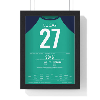 Tottenham Lucas 27 Ajax 2019 Hat-Trick Poster framed in a black frame, ready to hang