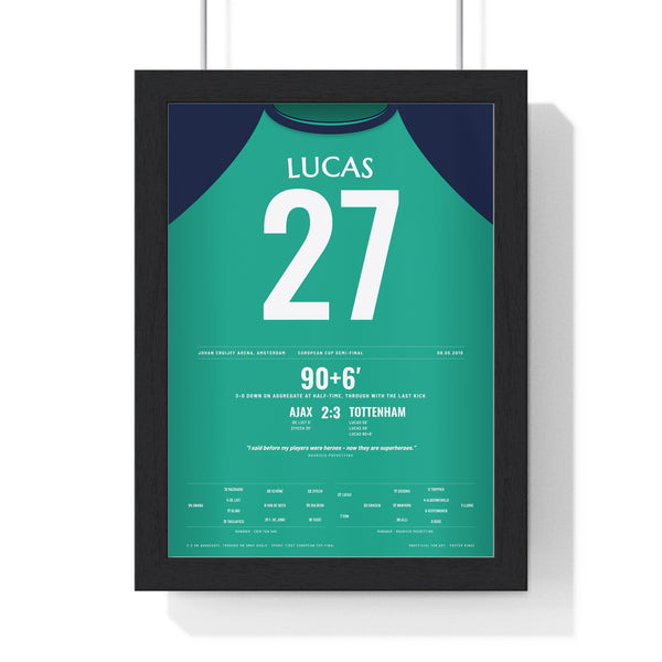 Tottenham Lucas 27 Ajax 2019 Hat-Trick Poster framed in a black frame, ready to hang