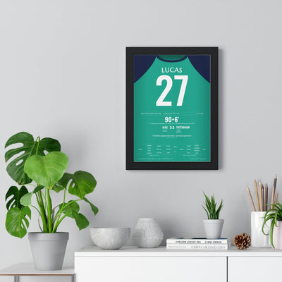 Tottenham Lucas 27 Ajax 2019 Hat-Trick Poster framed on a living room wall