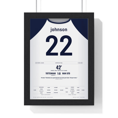 Tottenham Europa League Final 2025 Poster - Johnson 22 Bilbao framed in a black frame, ready to hang