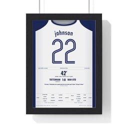 Tottenham Europa League Final 2025 Poster - Brennan Johnson 22 Bilbao Shirt Print framed in a black frame, ready to hang
