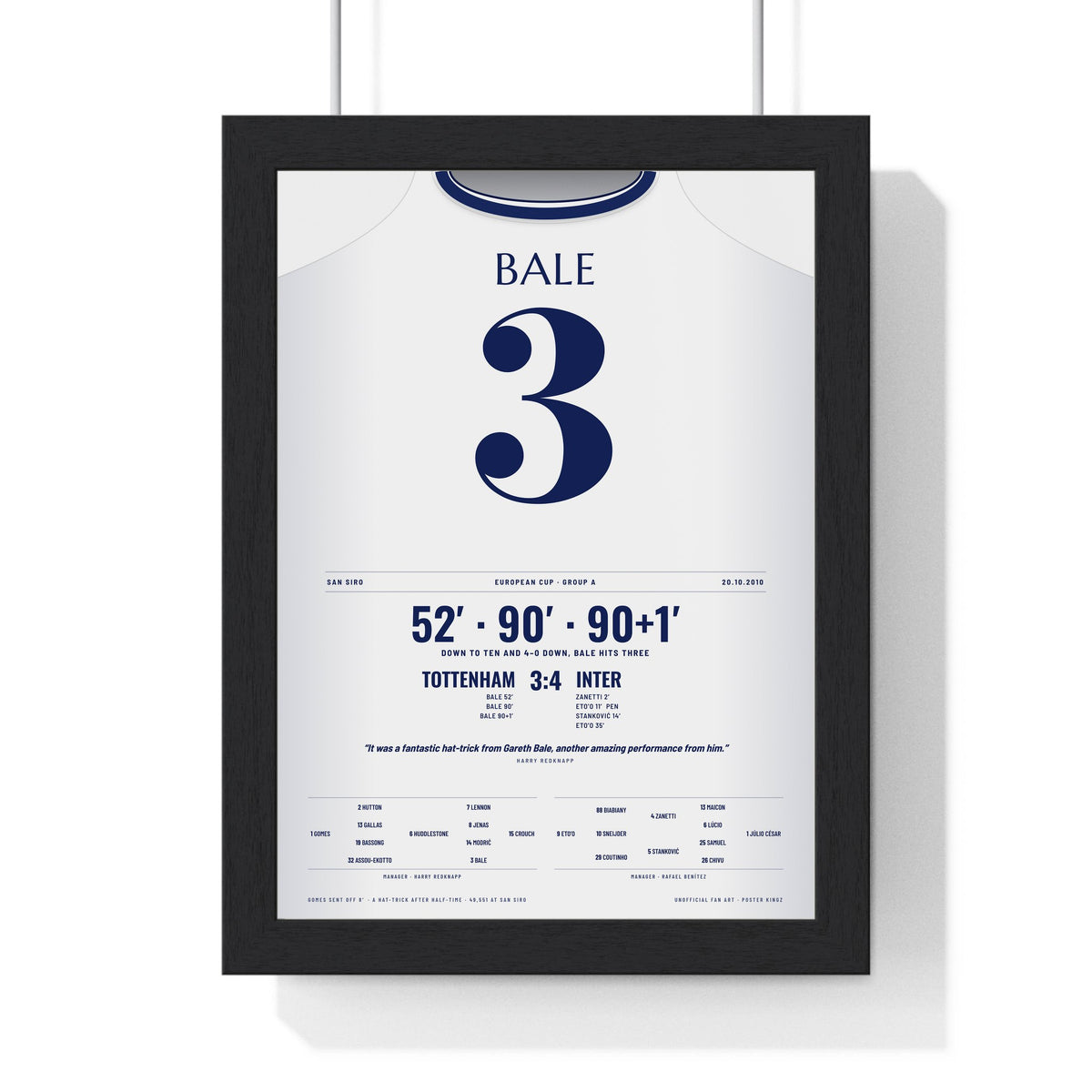 Tottenham Champions League 2010 Poster - Gareth Bale 3 Hat-Trick San Siro Shirt Print framed in a black frame, ready to hang