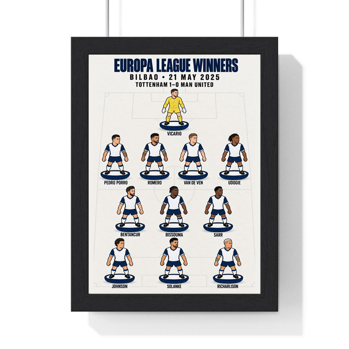 Tottenham Hotspur Europa League 2025 XI print in a black frame