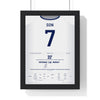 Tottenham Son Puskas Goal 2019 Poster - Heung-min Son 7 v Burnley Shirt Print framed in a black frame, ready to hang