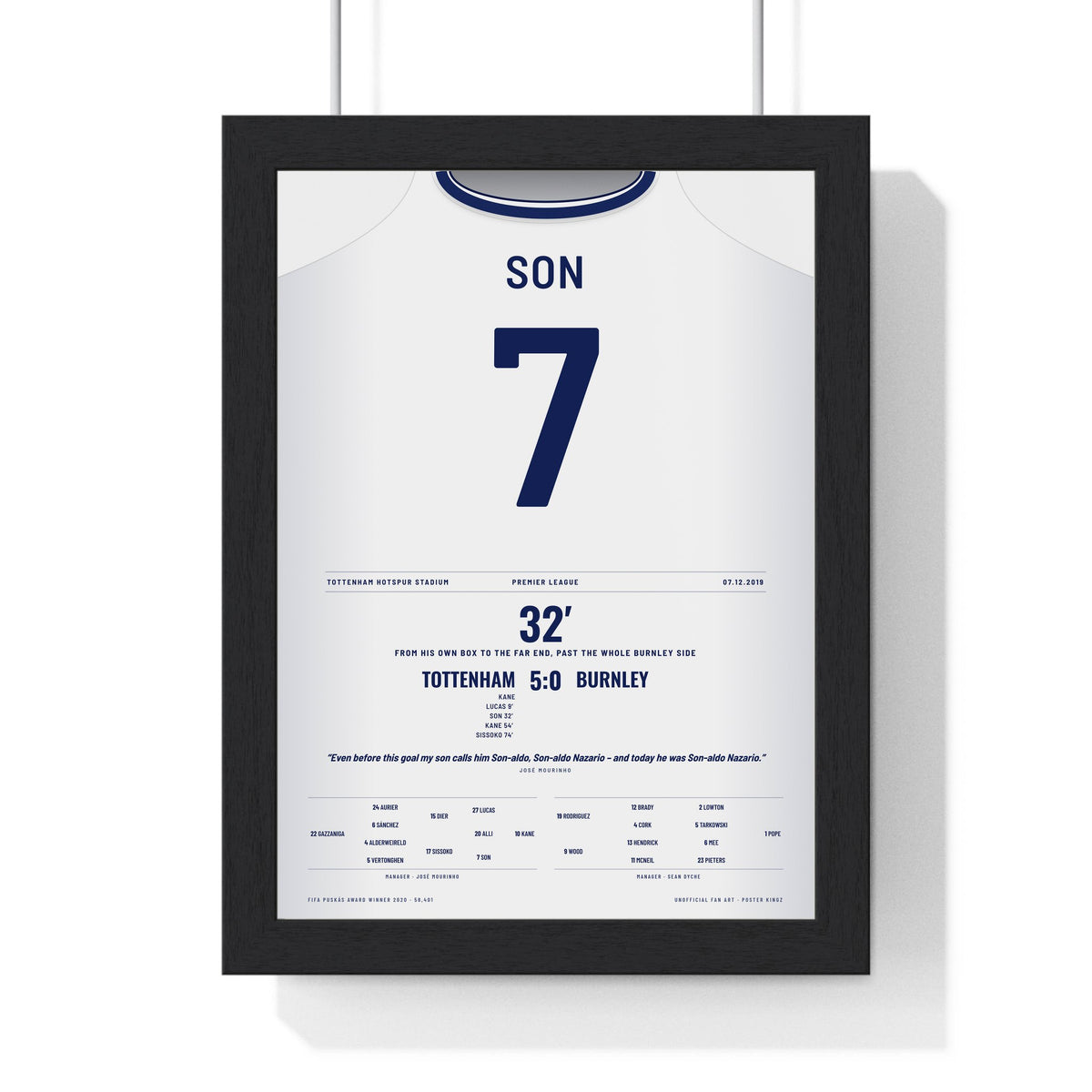 Tottenham Son Puskas Goal 2019 Poster - Heung-min Son 7 v Burnley Shirt Print framed in a black frame, ready to hang