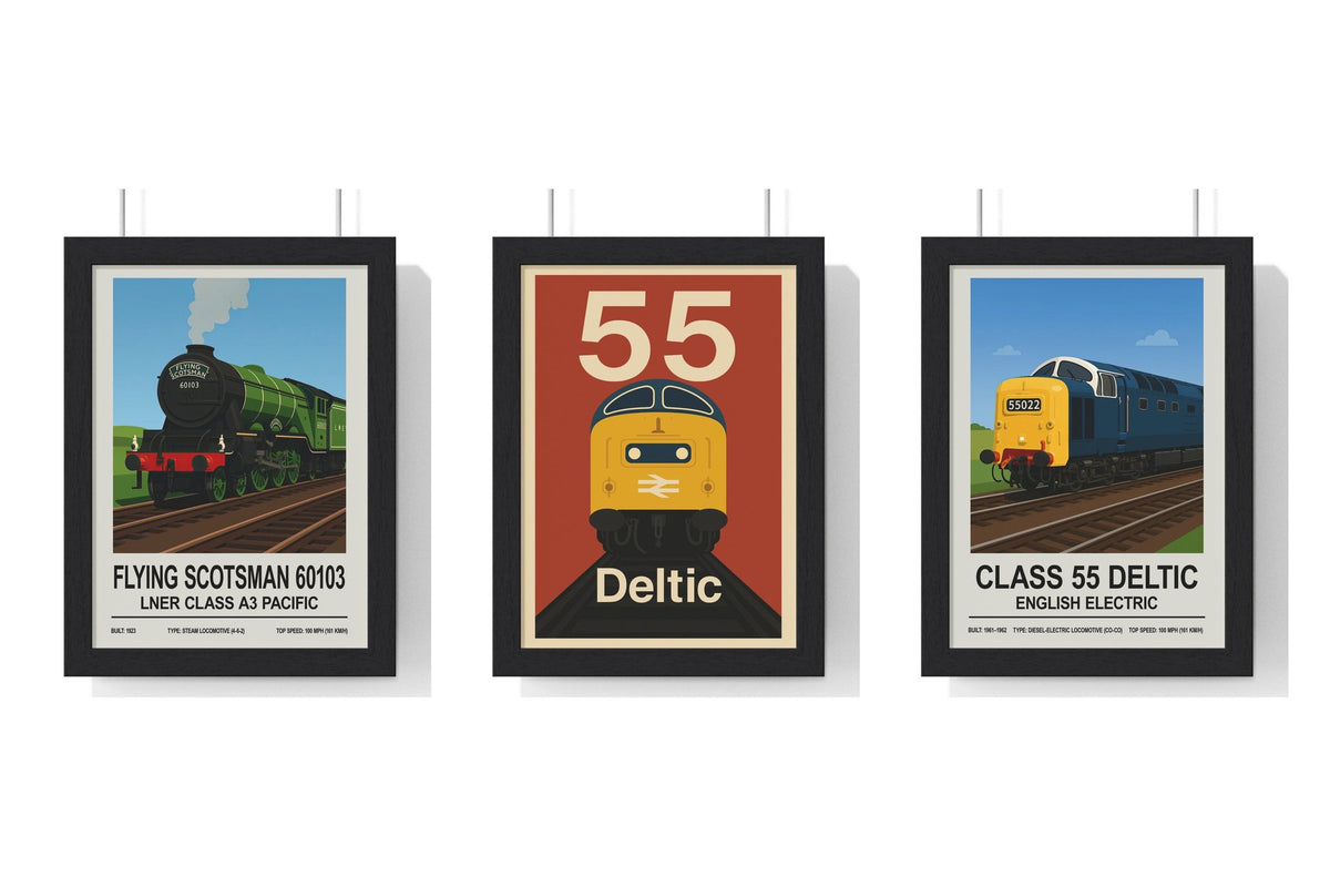 Build Your Own Train Poster Set - set of Flying Scotsman Poster, Class 55 Deltic Poster – Retro British Rail Train Print, Railway Wall Art, Class 55 Deltic Poster