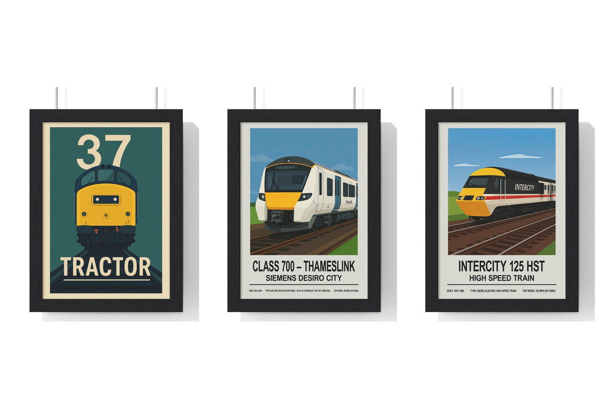 Build Your Own Train Poster Set - set of Class 37 Tractor Train Poster – Vintage Diesel Locomotive Railway Art, Class 700 Thameslink Train Poster, InterCity 125 HST Poster