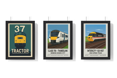 Build Your Own Train Poster Set - set of Class 37 Tractor Train Poster – Vintage Diesel Locomotive Railway Art, Class 700 Thameslink Train Poster, InterCity 125 HST Poster