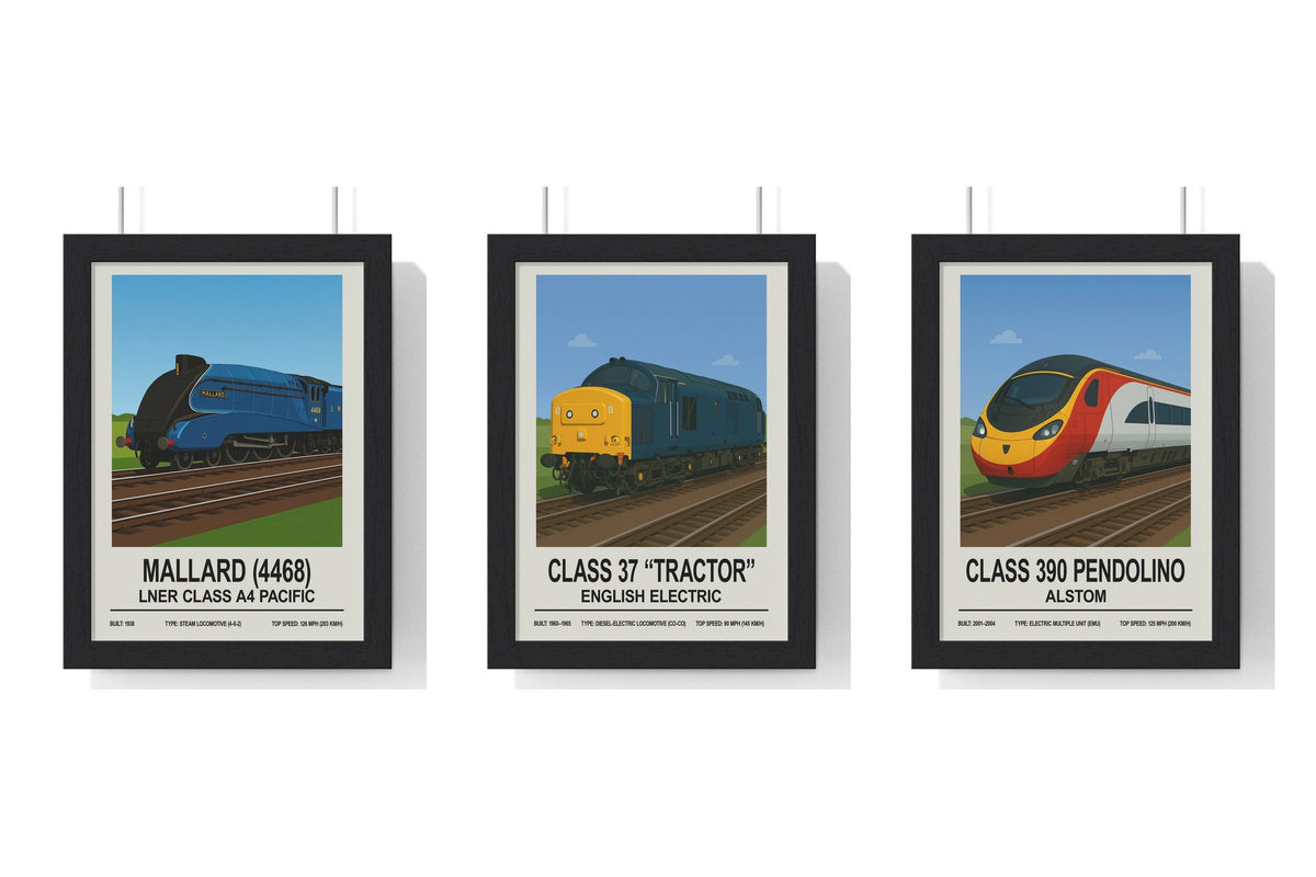 Build Your Own Train Poster Set - set of Mallard 4468 Poster, Class 37 “Tractor” English Electric Poster, Class 390 Pendolino Poster