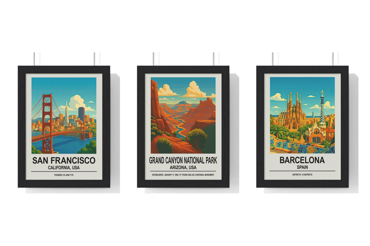 Build Your Own Travel Poster Set - set of San Francisco Poster, Grand Canyon National Park Poster, Barcelona Poster