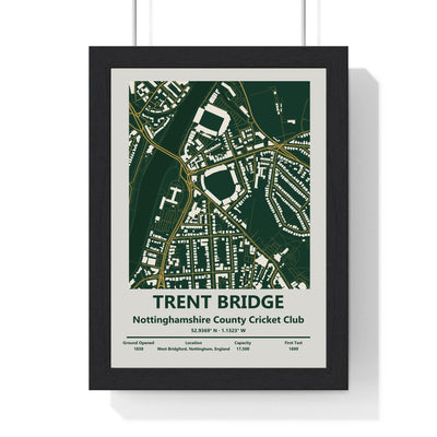 Trent Bridge map print framed in a black frame, ready to hang