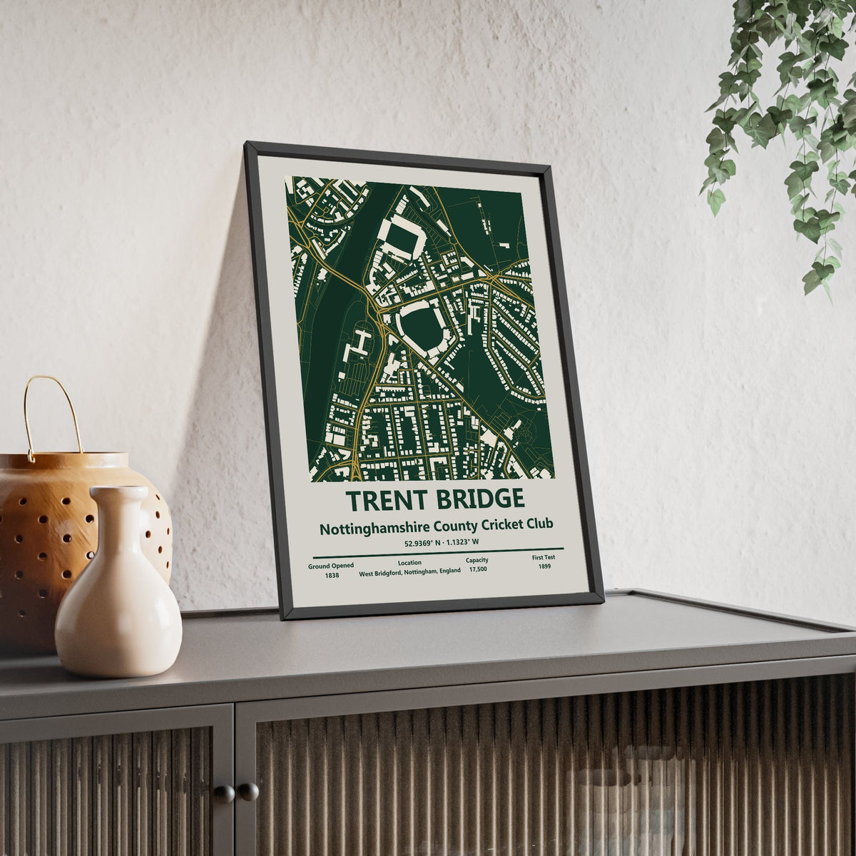 Trent Bridge map print framed and leaning on a sideboard