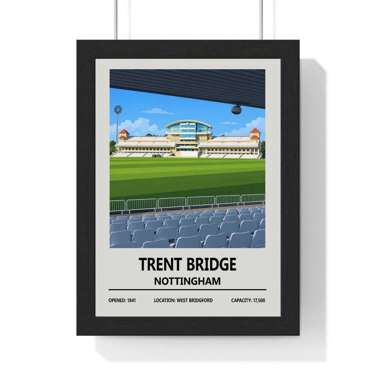 Trent Bridge cricket ground print framed in a black frame, ready to hang