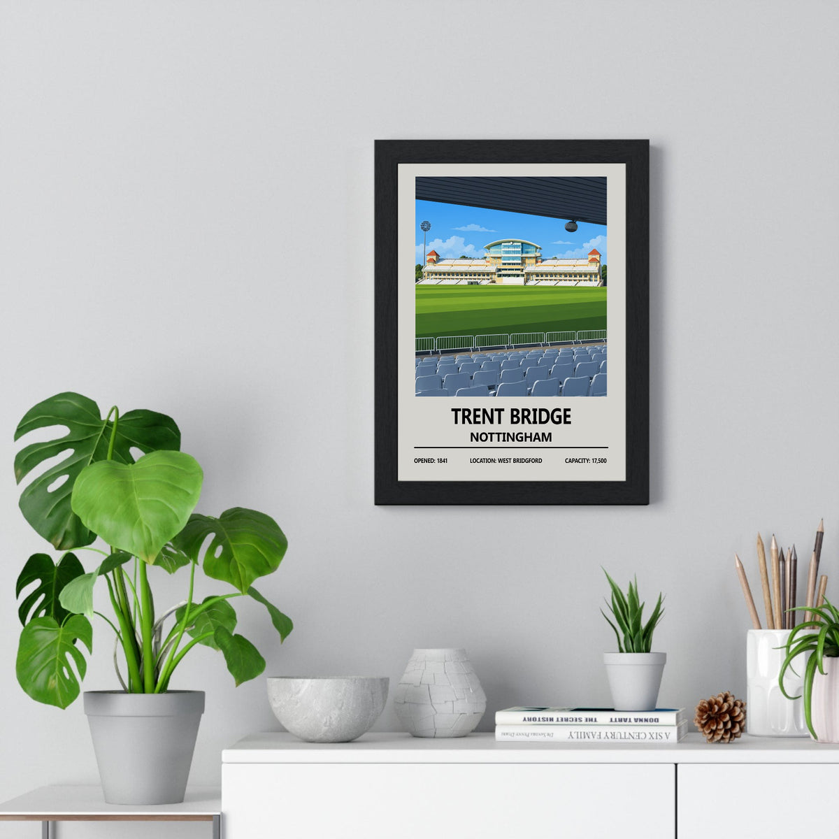 Trent Bridge cricket ground print framed on a living room wall