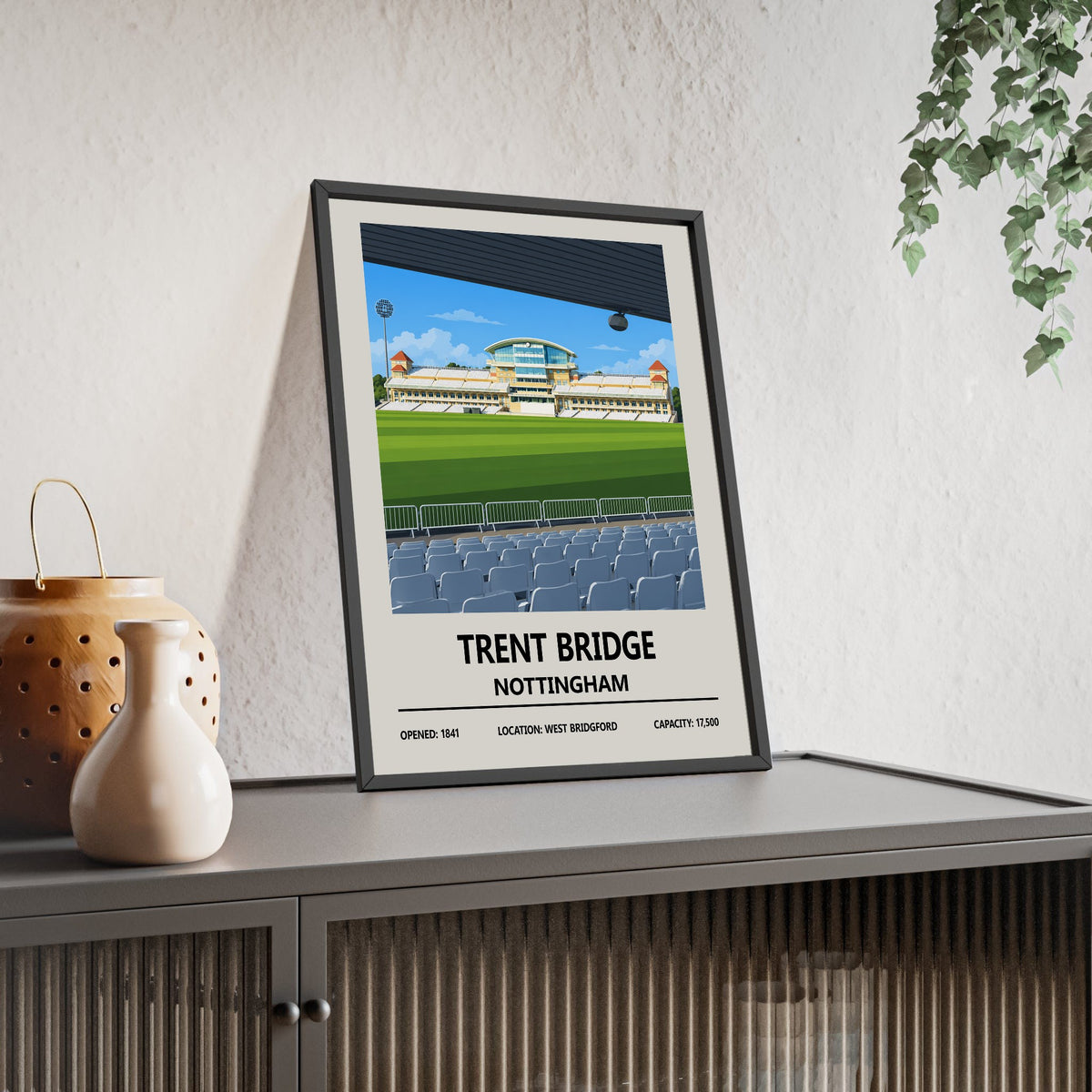 Trent Bridge cricket ground print framed and leaning on a sideboard