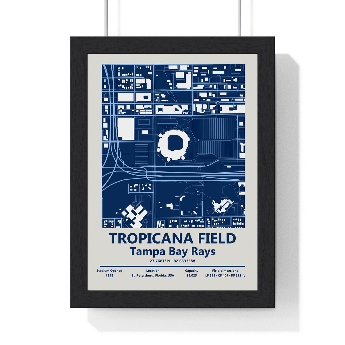 Tropicana Field map print framed in a black frame, ready to hang