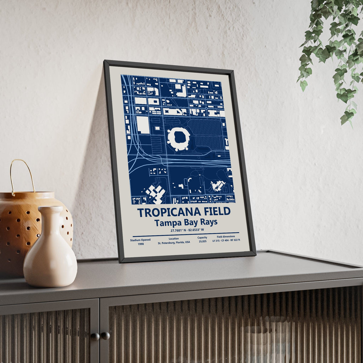 Tropicana Field map print framed and leaning on a sideboard