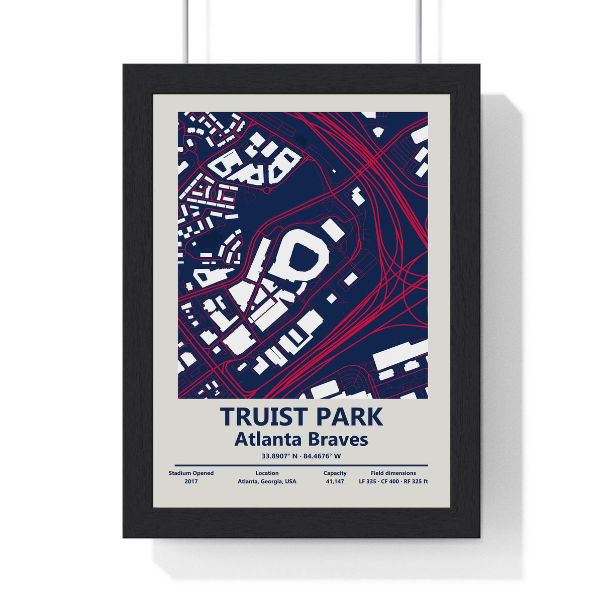 Truist Park map print framed in a black frame, ready to hang