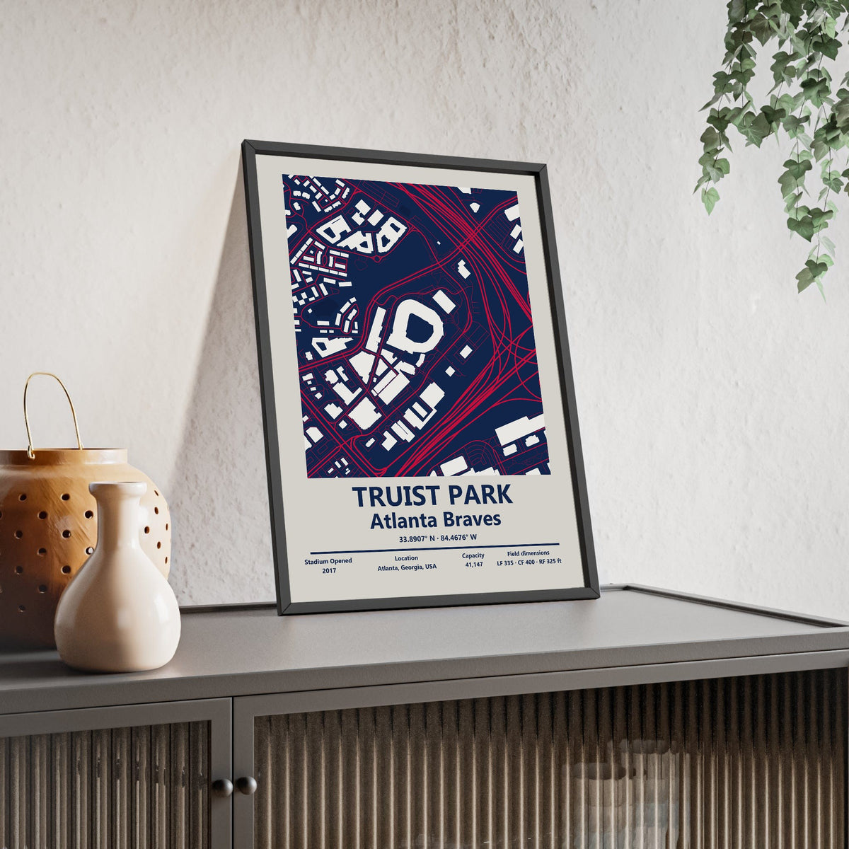 Truist Park map print framed and leaning on a sideboard