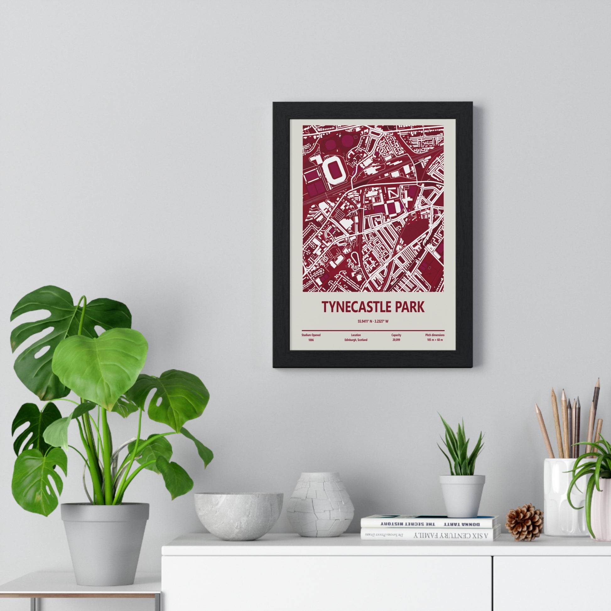 Tynecastle Park Hearts FC stadium map poster framed on wall