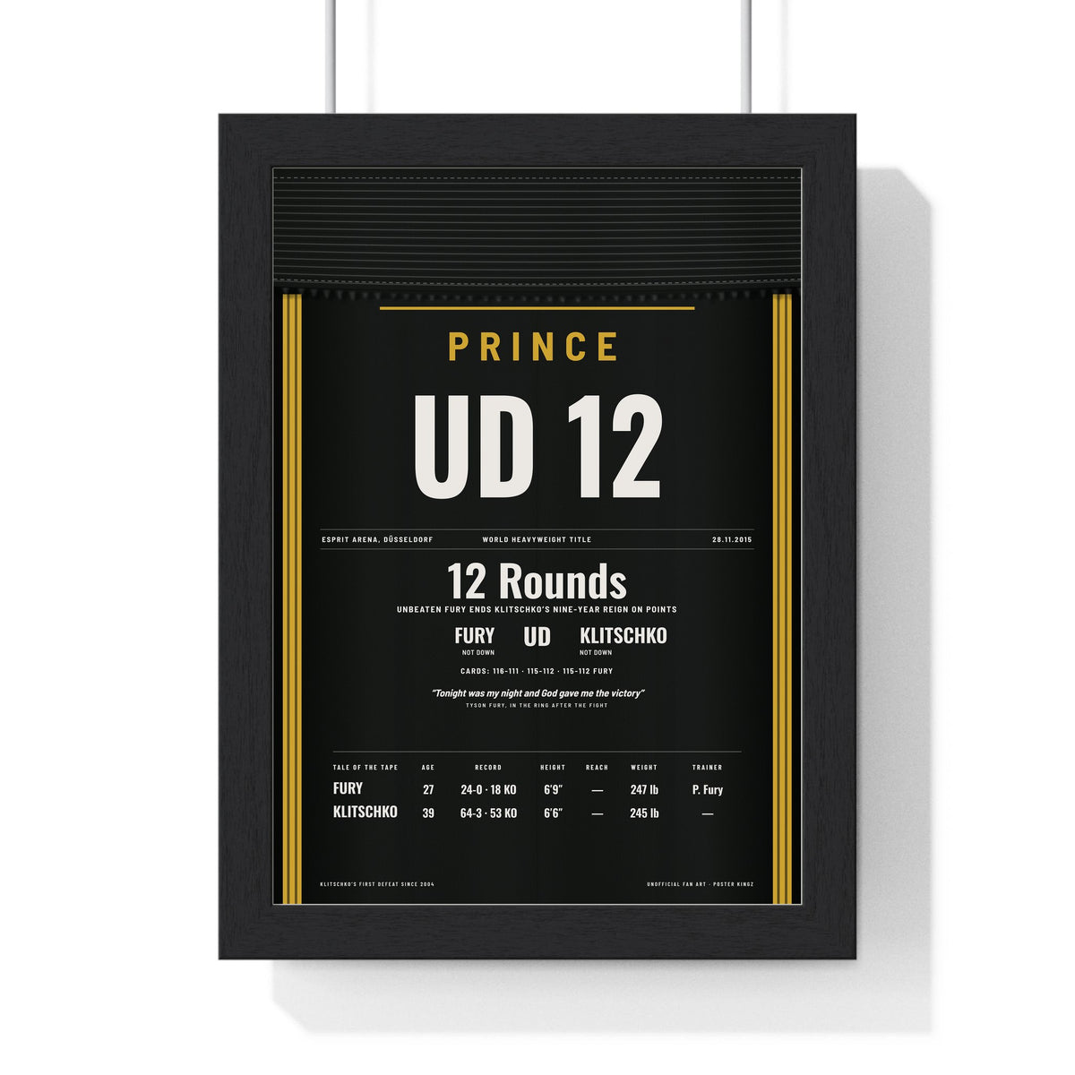 Fury v Klitschko 2015 Boxing Poster framed in a black frame, ready to hang