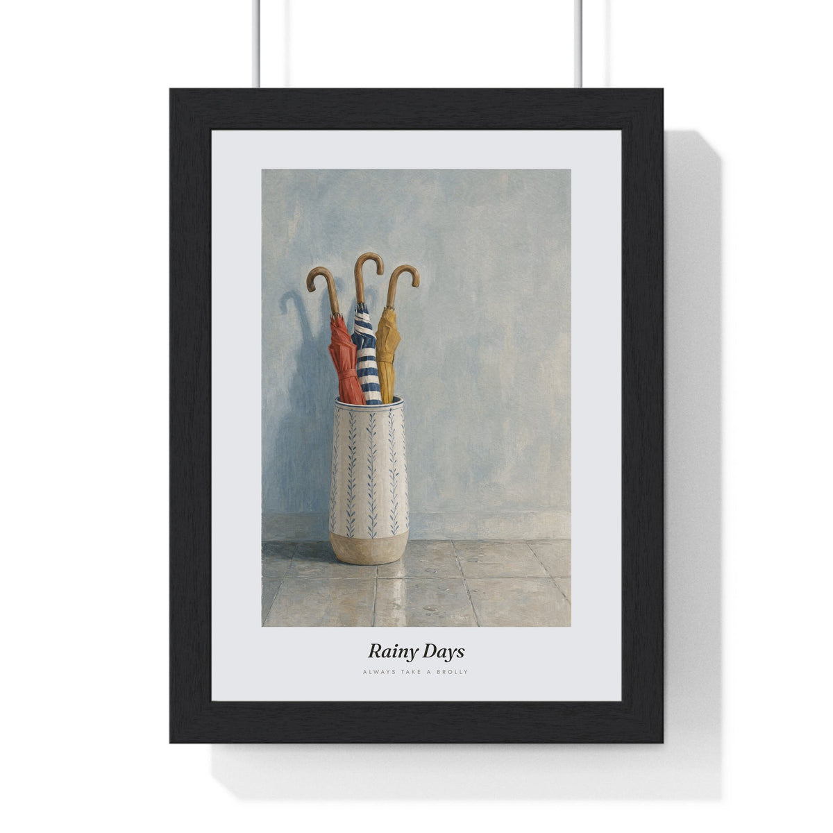 Umbrella Stand Print framed in a black frame, ready to hang