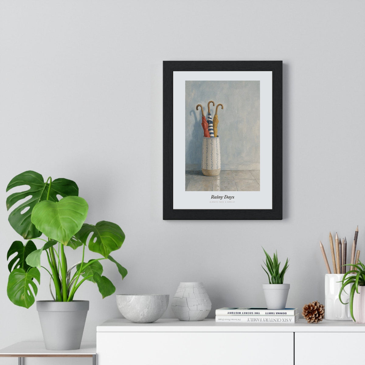 Umbrella Stand Print framed on a living room wall