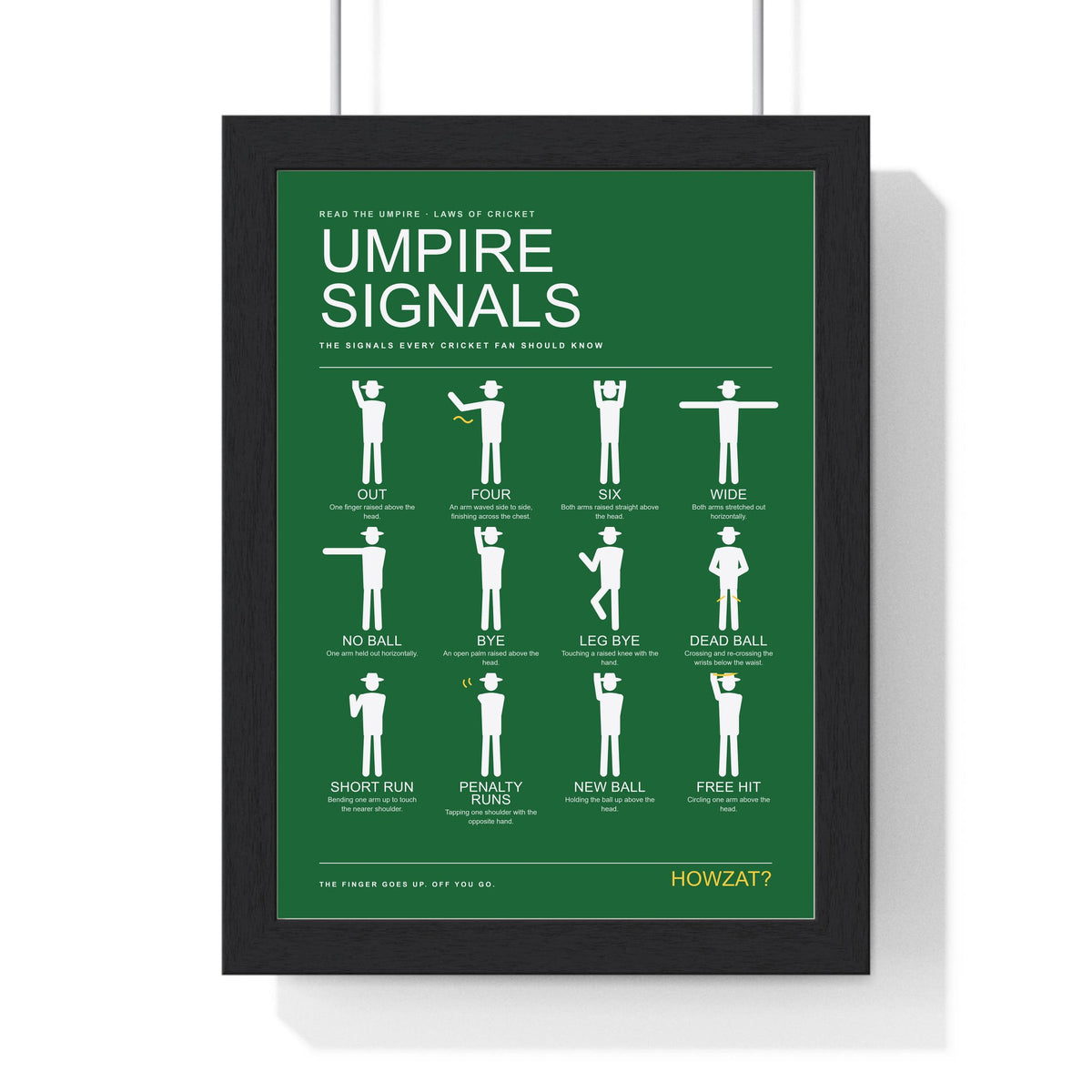 Cricket Umpire Signals print framed in a black frame, ready to hang