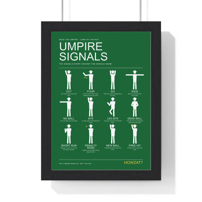 Cricket Umpire Signals print framed in a black frame, ready to hang