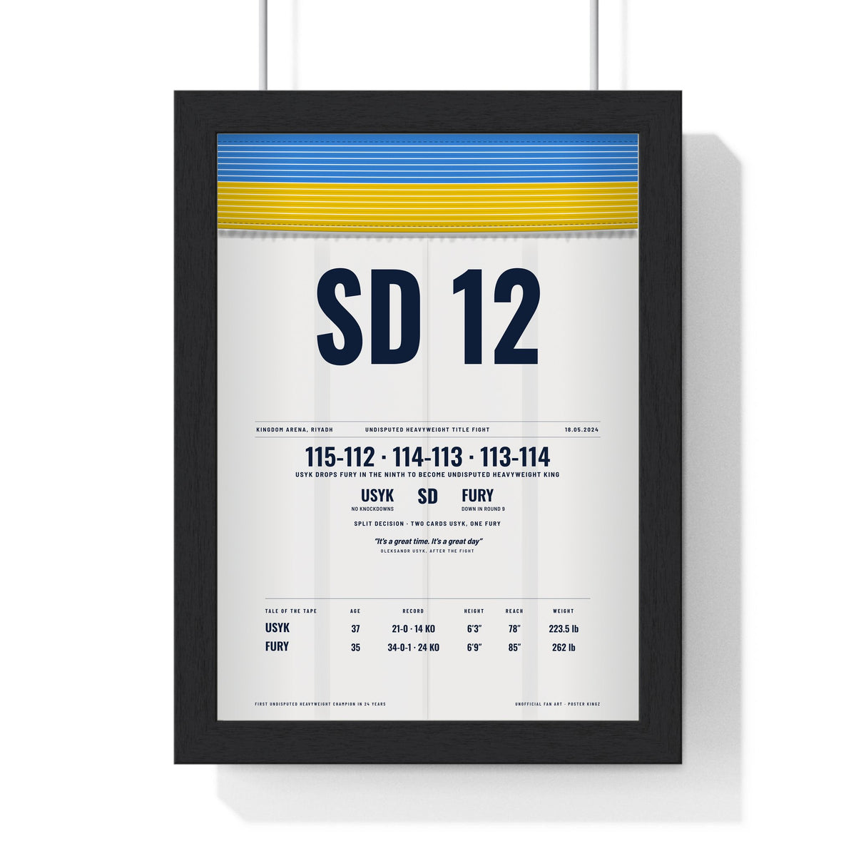 Usyk v Fury 2024 Boxing Poster print framed in a black frame, ready to hang